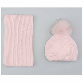 Granlei Pink Ribbed pompom hat & matching scarf, 4 years