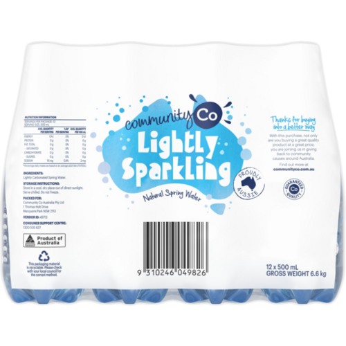 Community Co Lightly Sparkling Water 12 x 500ml