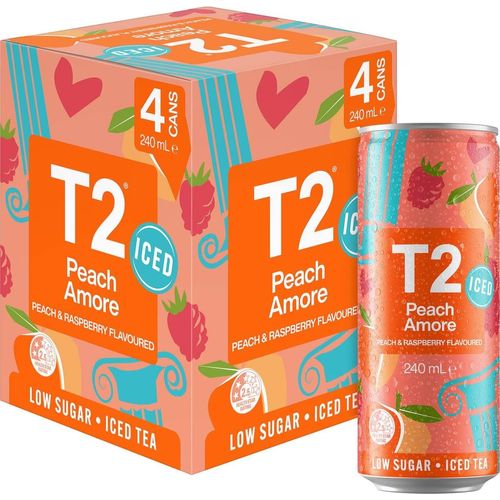 T2 Peach Amore Low Sugar Iced Tea Cans 240ml x 4 Pack